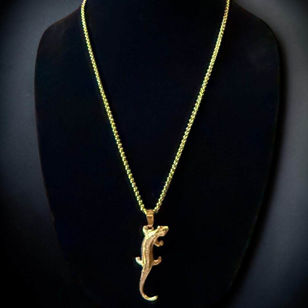 Stainless Steel Gold Plated Necklace and Gecko Pendant Unisex Rhinestones 24”